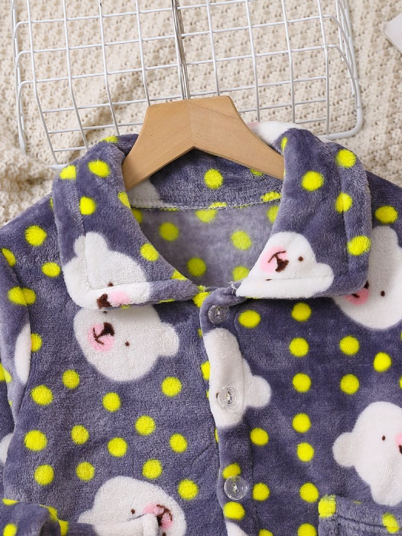 2 Stk Ny Høst Og Vinter Gutter Og Jenter Fortykket Flanell Cardigan Dot Bear Print Pyjamassett