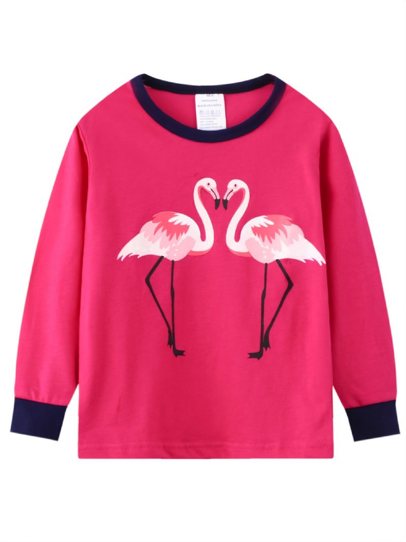 2 Stk Småbarn Jenter Flamingo Print Bomull Sweatshirt Med Rund Hals Pyjamassett