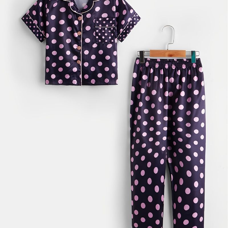 2 Stk Småbarn Jenter Krage Cardigan Shorts Antrekk Casual Polka Dot Pyjamas Sett