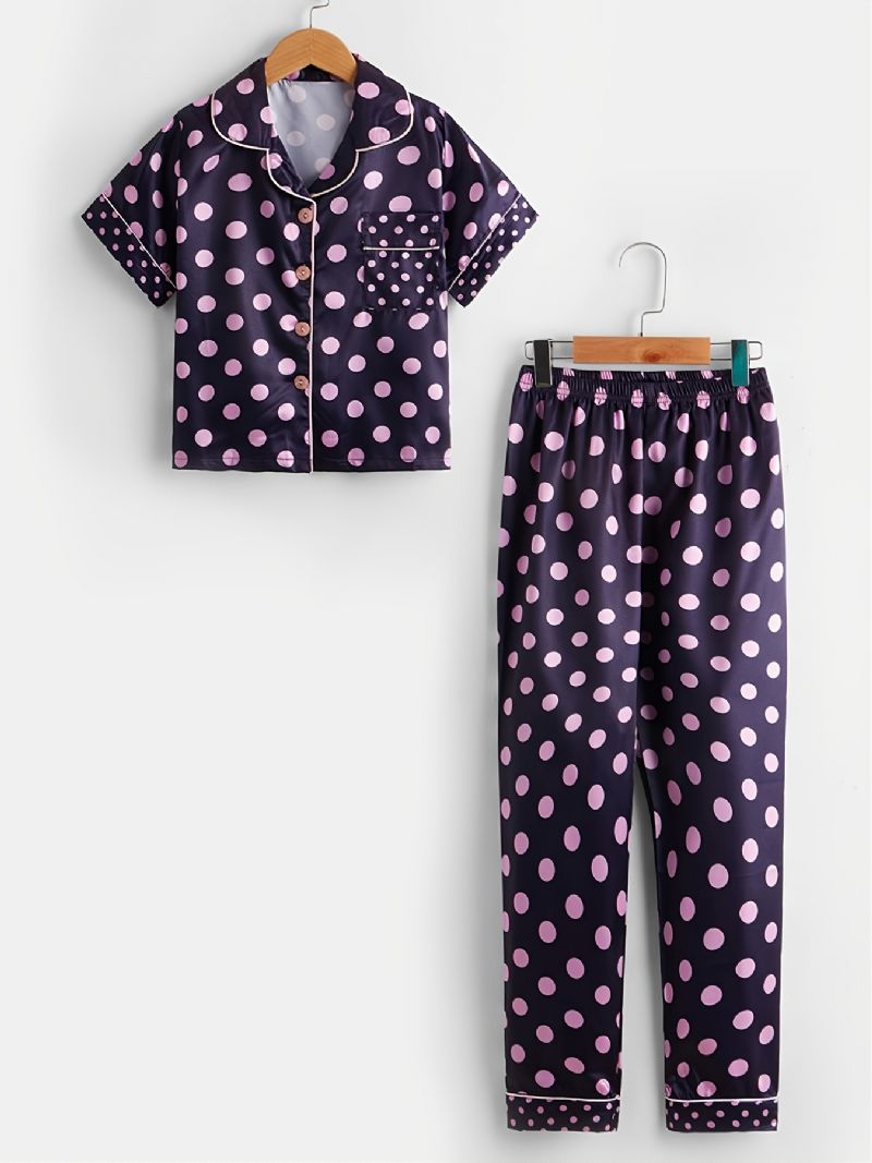 2 Stk Småbarn Jenter Krage Cardigan Shorts Antrekk Casual Polka Dot Pyjamas Sett