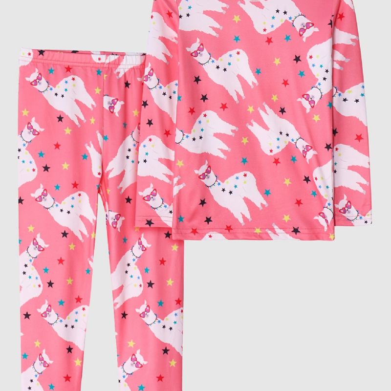 2 Stk Søt Jenter Tegneserie Alpakka Print Pyjamas Sett Med Lange Ermer Topper Og Bukser Rosa