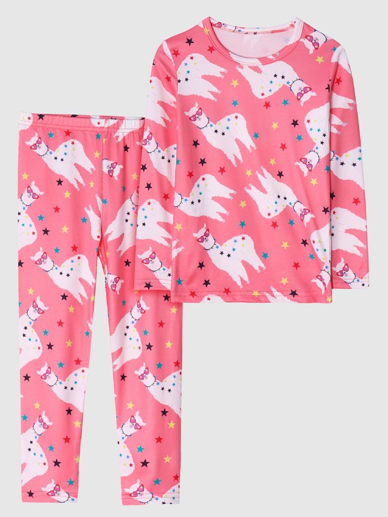 2 Stk Søt Jenter Tegneserie Alpakka Print Pyjamas Sett Med Lange Ermer Topper Og Bukser Rosa