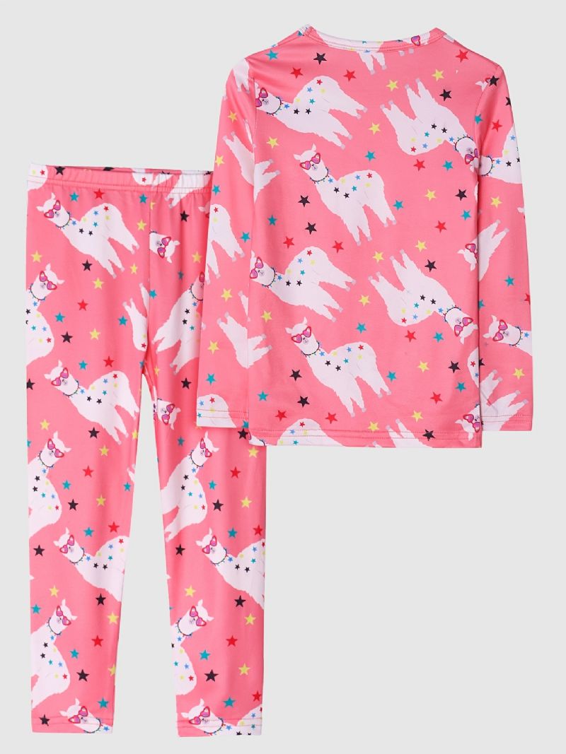 2 Stk Søt Jenter Tegneserie Alpakka Print Pyjamas Sett Med Lange Ermer Topper Og Bukser Rosa