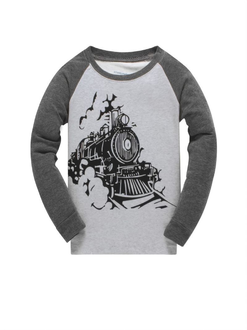 2stk Gutter Casual Train Mønster Crew Neck Langermet Pysjamassett