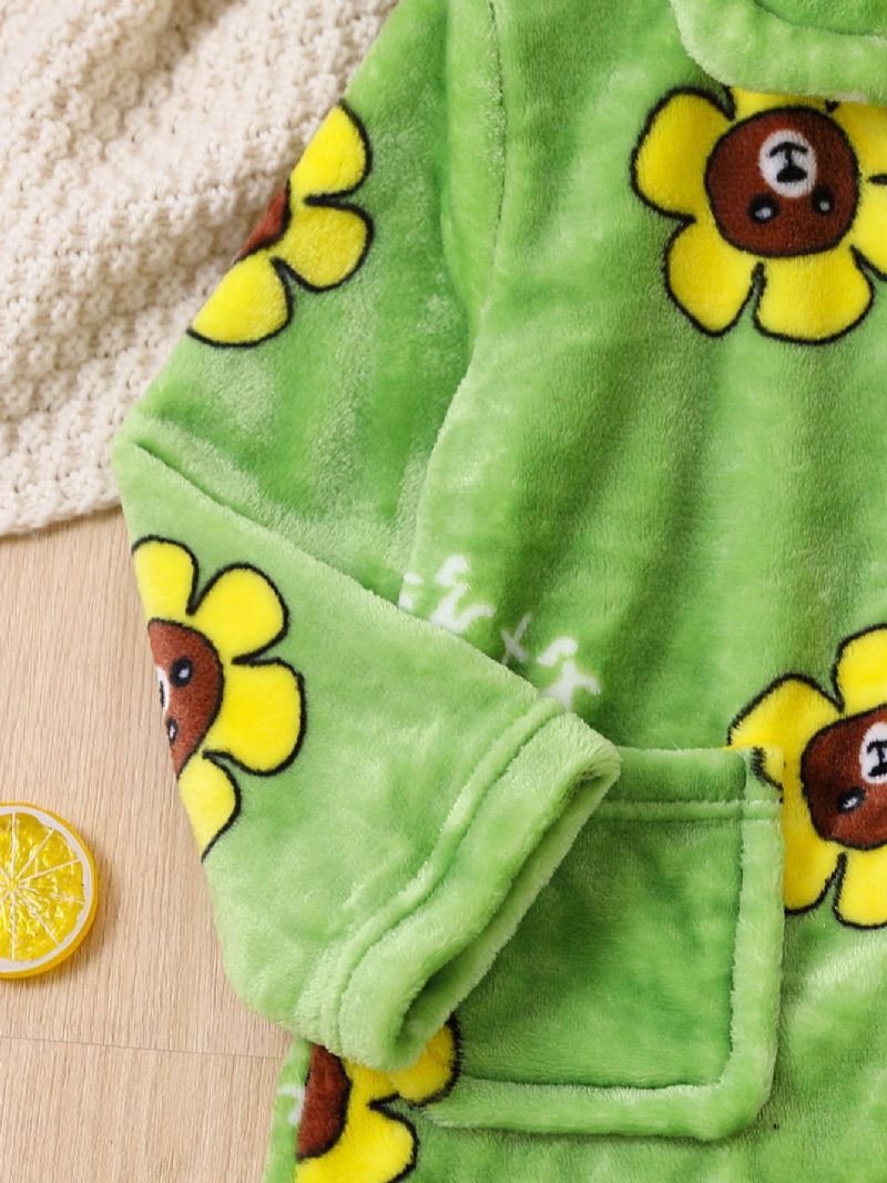 2stk Gutter Og Jenter Fortykket Flanell Langermet Pyjamassett Med Solsikketrykk