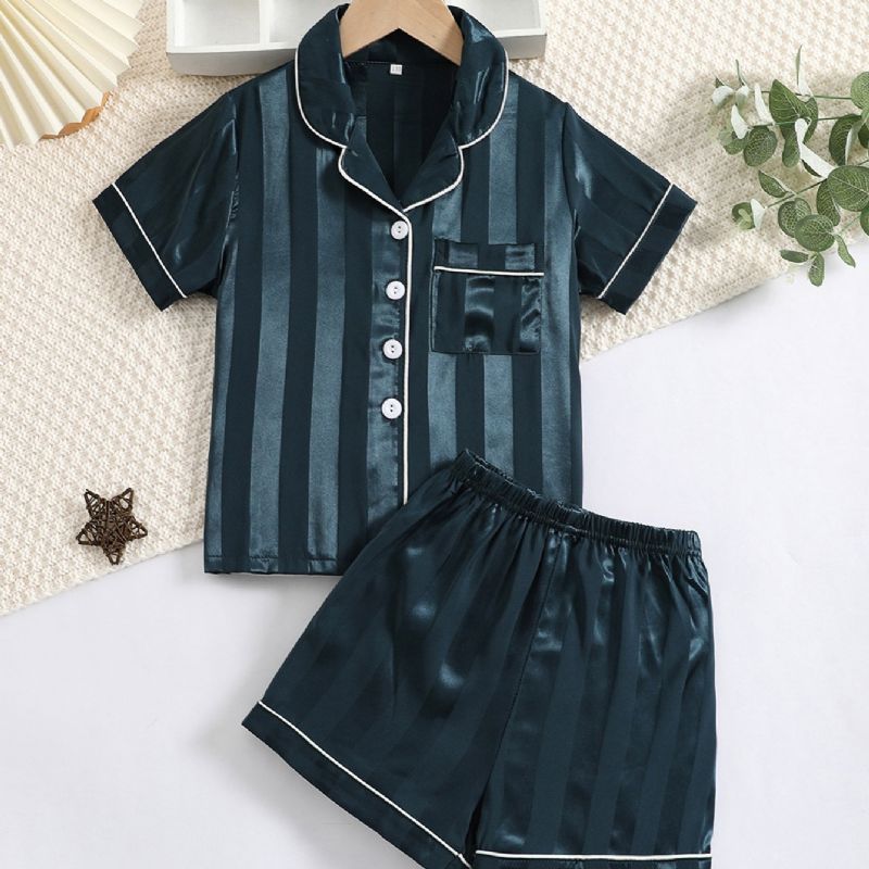 2stk Gutter Striped Pattern Satin Lapel Neck Pyjamassett