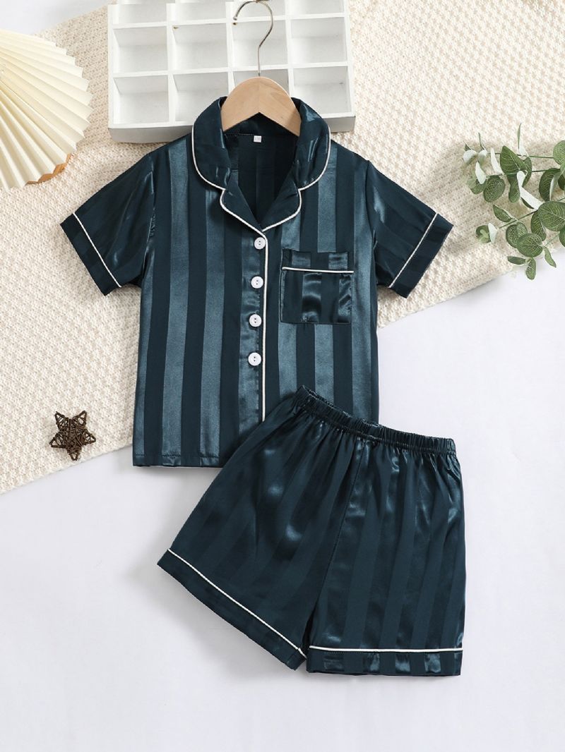 2stk Gutter Striped Pattern Satin Lapel Neck Pyjamassett