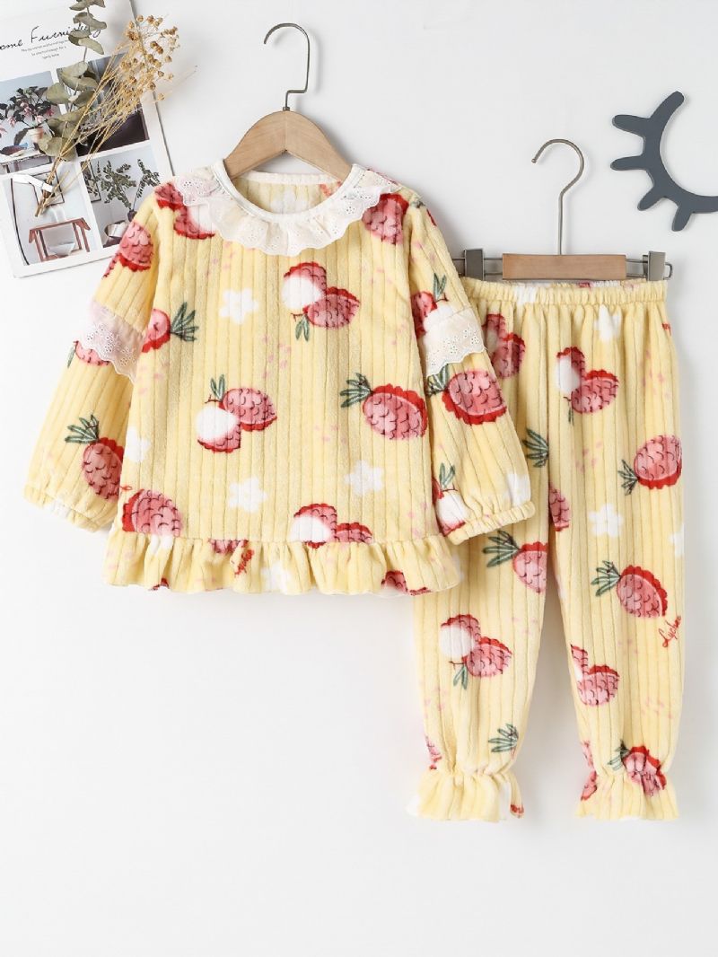 2stk Langermede Pulloverbukser For Jenter Pyjamassett Med Søtt Litchi-blomstertrykk