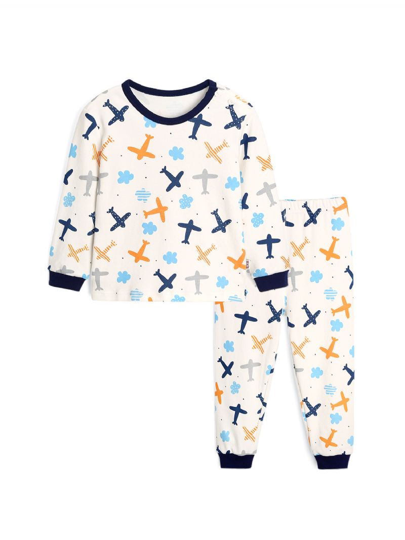 Baby Gutter Cartoon Airplane Printed Pyjamas Set White