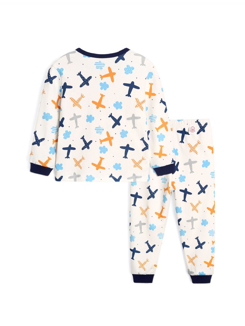 Baby Gutter Cartoon Airplane Printed Pyjamas Set White