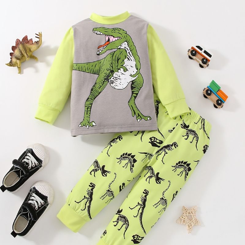 Baby Gutter Pyjamas Dinosaur Print Rundhals Langermet Topp Og Buksesett