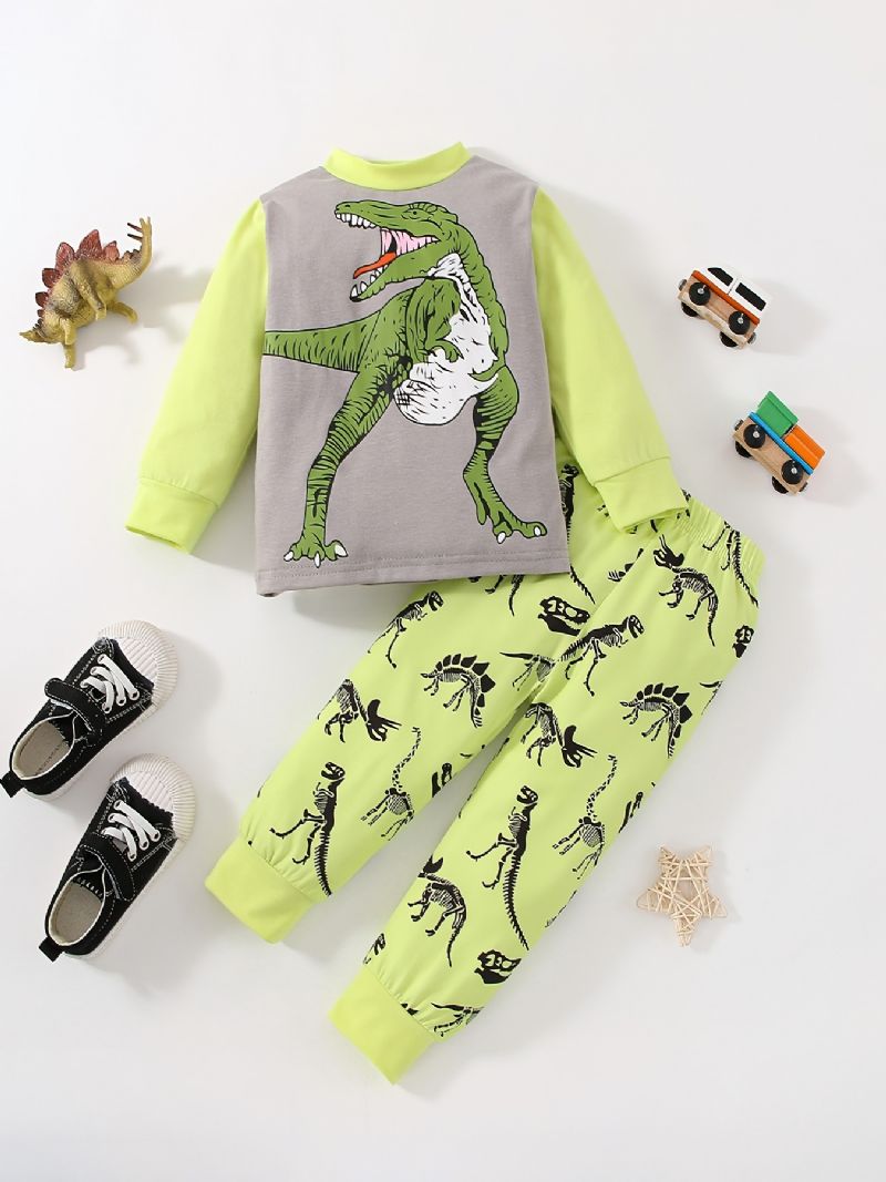 Baby Gutter Pyjamas Dinosaur Print Rundhals Langermet Topp Og Buksesett