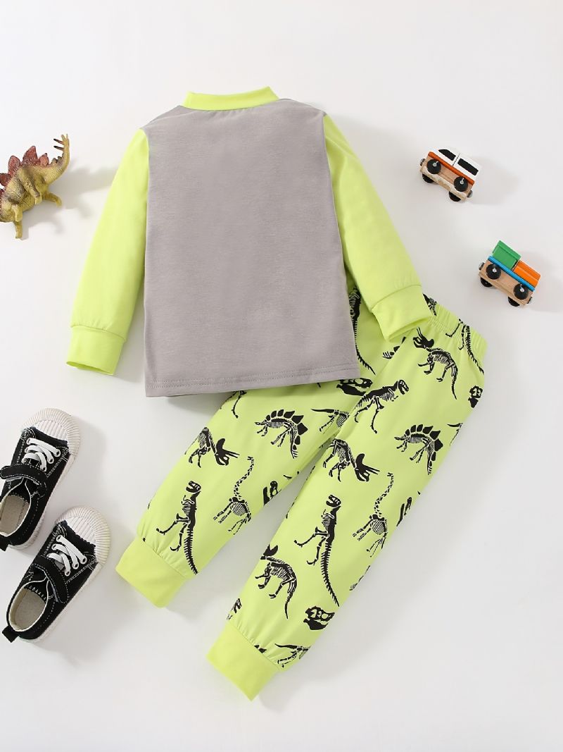 Baby Gutter Pyjamas Dinosaur Print Rundhals Langermet Topp Og Buksesett