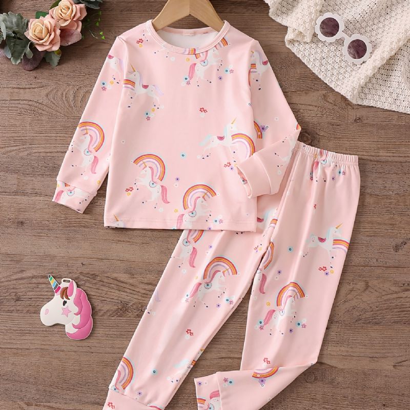 Baby Jenter Pyjamas Familieantrekk Unicorn Print Rundhals Langermet Topp Og Buksesett Barneklær