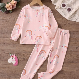 Baby Jenter Pyjamas Familieantrekk Unicorn Print Rundhals Langermet Topp Og Buksesett Barneklær