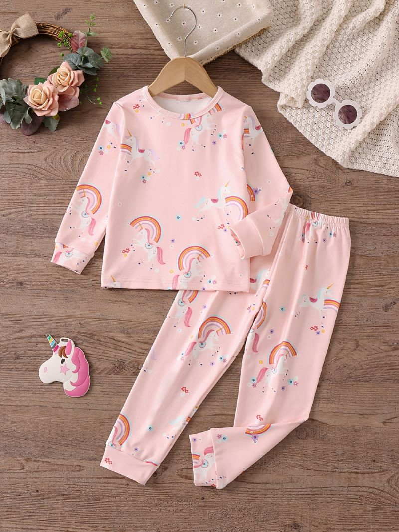 Baby Jenter Pyjamas Familieantrekk Unicorn Print Rundhals Langermet Topp Og Buksesett Barneklær