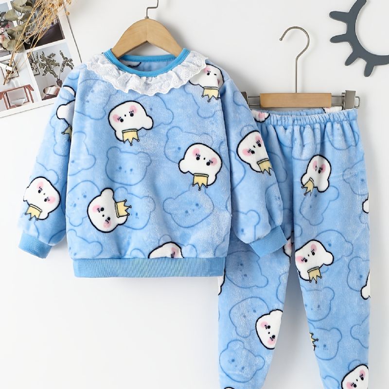 Baby Jenter Pyjamas Set Plysj Topper & Bukser Sett Med Bjørn Print For Vinter Nytt