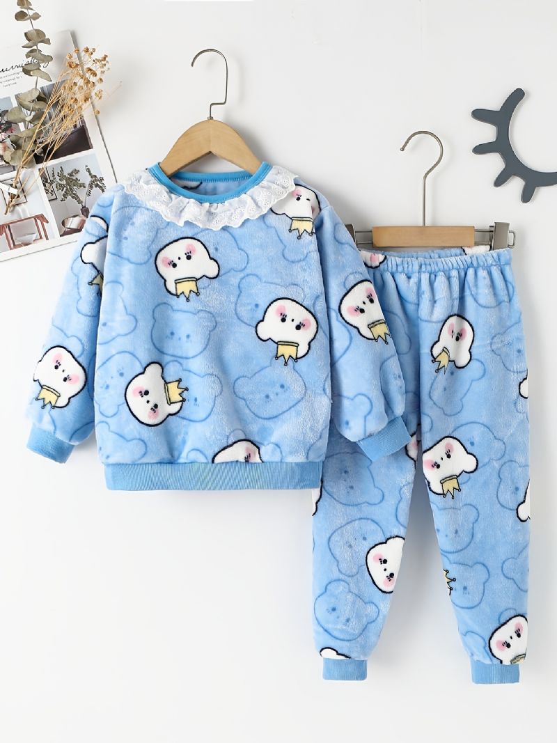 Baby Jenter Pyjamas Set Plysj Topper & Bukser Sett Med Bjørn Print For Vinter Nytt