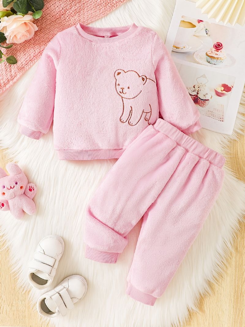 Baby Jenter Søt Pyjamas Sett Med Fleece Termisk Bjørn Print Pullover Topp Og Bukser Til Vinter Hjem