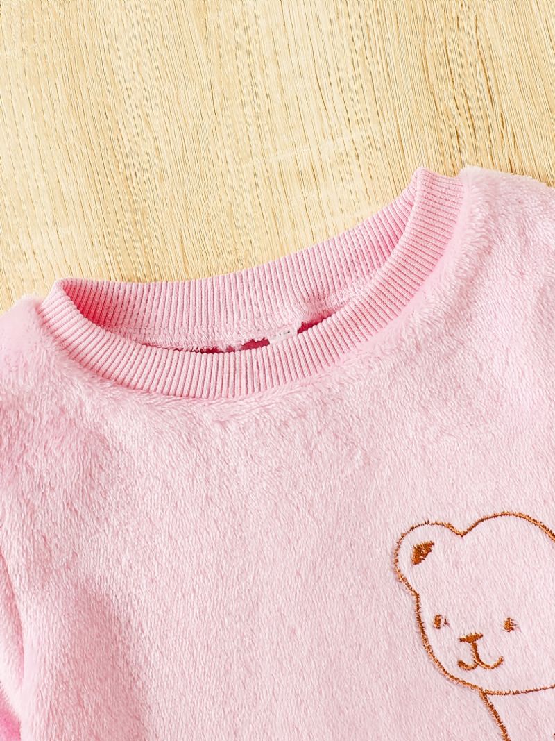 Baby Jenter Søt Pyjamas Sett Med Fleece Termisk Bjørn Print Pullover Topp Og Bukser Til Vinter Hjem