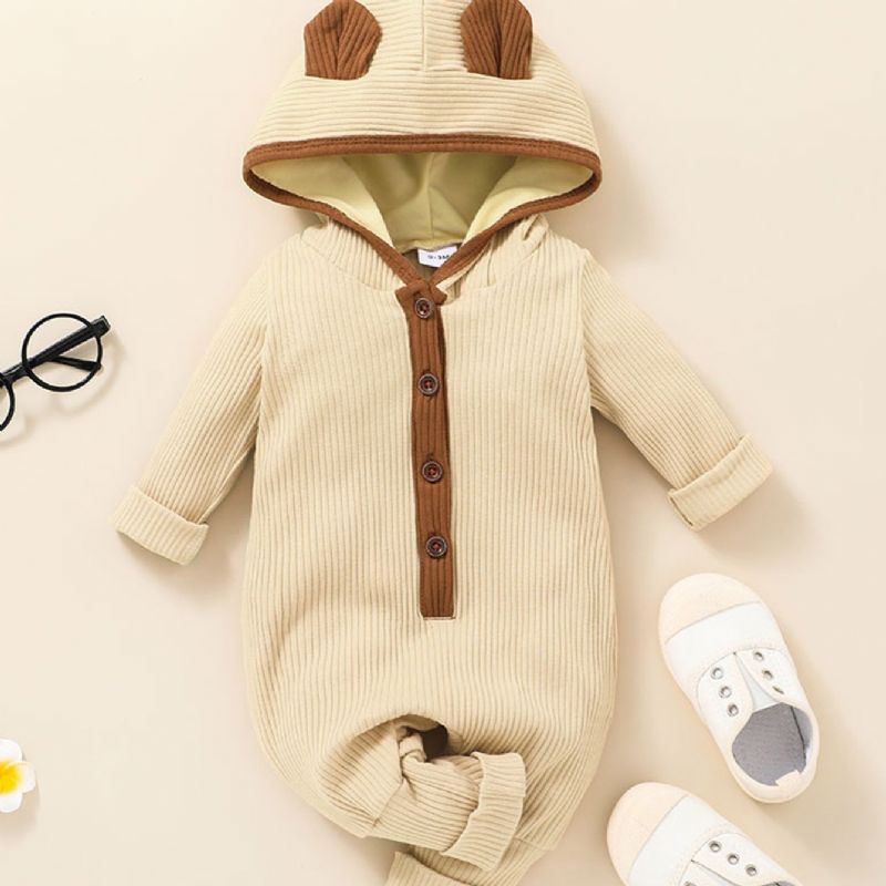 Baby Ribbete Hette Jumpsuit Ensfarget Pyjamas Bodysuit Loose Fit Høst Vinter Antrekk Klær