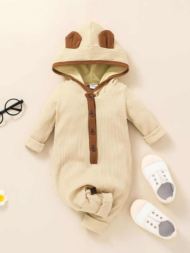 Baby Ribbete Hette Jumpsuit Ensfarget Pyjamas Bodysuit Loose Fit Høst Vinter Antrekk Klær