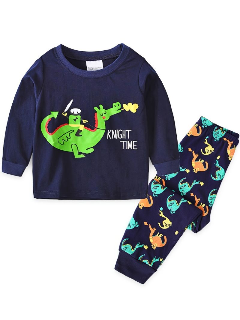 Barn Gutter Pyjamas Tegneserie Dinosaur Print Rundhals Langermet Topp Og Buksesett