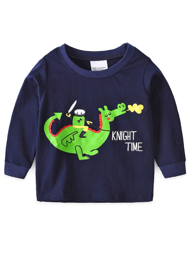 Barn Gutter Pyjamas Tegneserie Dinosaur Print Rundhals Langermet Topp Og Buksesett