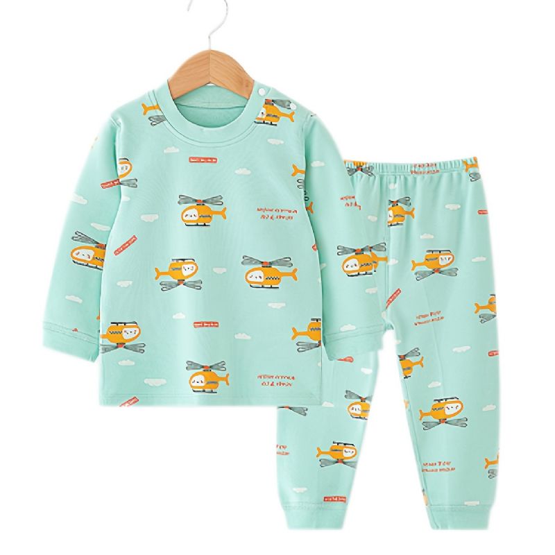 Barn Gutter Pyjamas Tegneserie Print Rundhals Langermet Topp & Buksesett