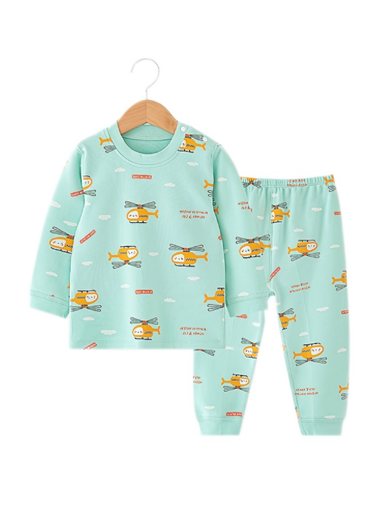 Barn Gutter Pyjamas Tegneserie Print Rundhals Langermet Topp & Buksesett