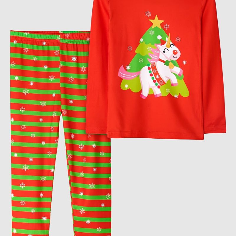 Barn Jenter Pyjamas Juletretrykk Unicorn Rundhals Langermet Topp- Og Stripebuksesett