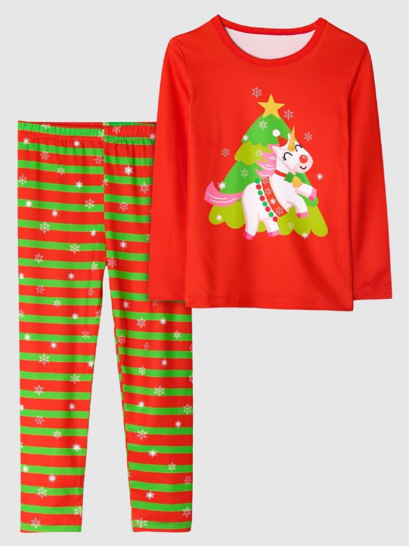 Barn Jenter Pyjamas Juletretrykk Unicorn Rundhals Langermet Topp- Og Stripebuksesett