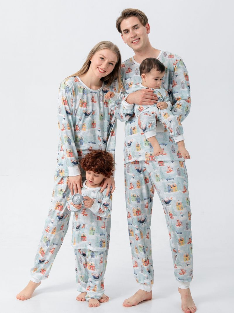 Cartoon Santa Elk House Snowman Pattern Christmas Pyjamas Familie