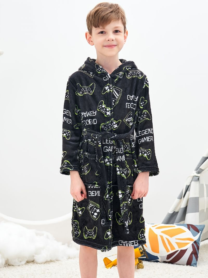 Gutter Fleece Fluffy Termisk Hette Badekåpe Uformell Flanell Cardigan Krage Pyjamas For Vinter Svart