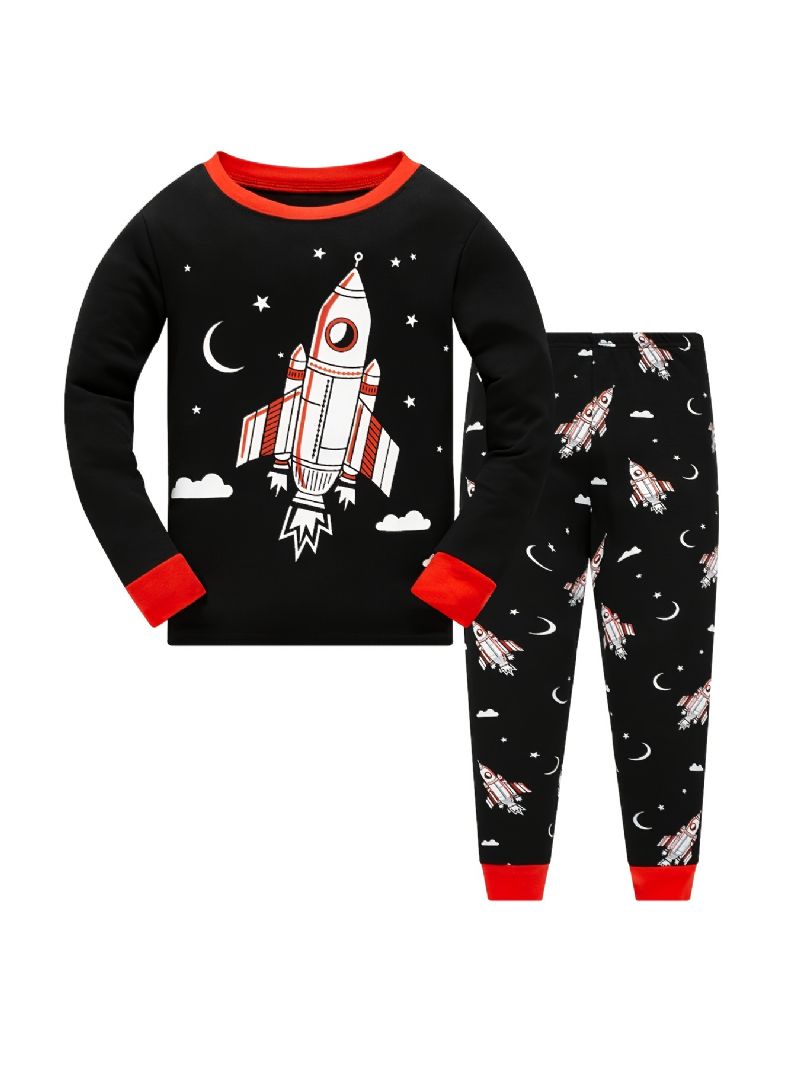 Gutter Pyjamas Rocket Print Glow-in-the-mørket Rundhals Langermet Topp Og Buksesett