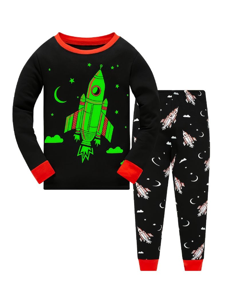 Gutter Pyjamas Rocket Print Glow-in-the-mørket Rundhals Langermet Topp Og Buksesett