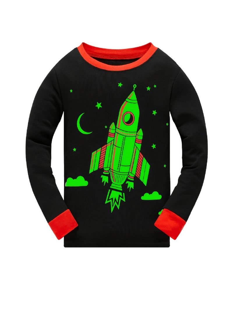 Gutter Pyjamas Rocket Print Glow-in-the-mørket Rundhals Langermet Topp Og Buksesett