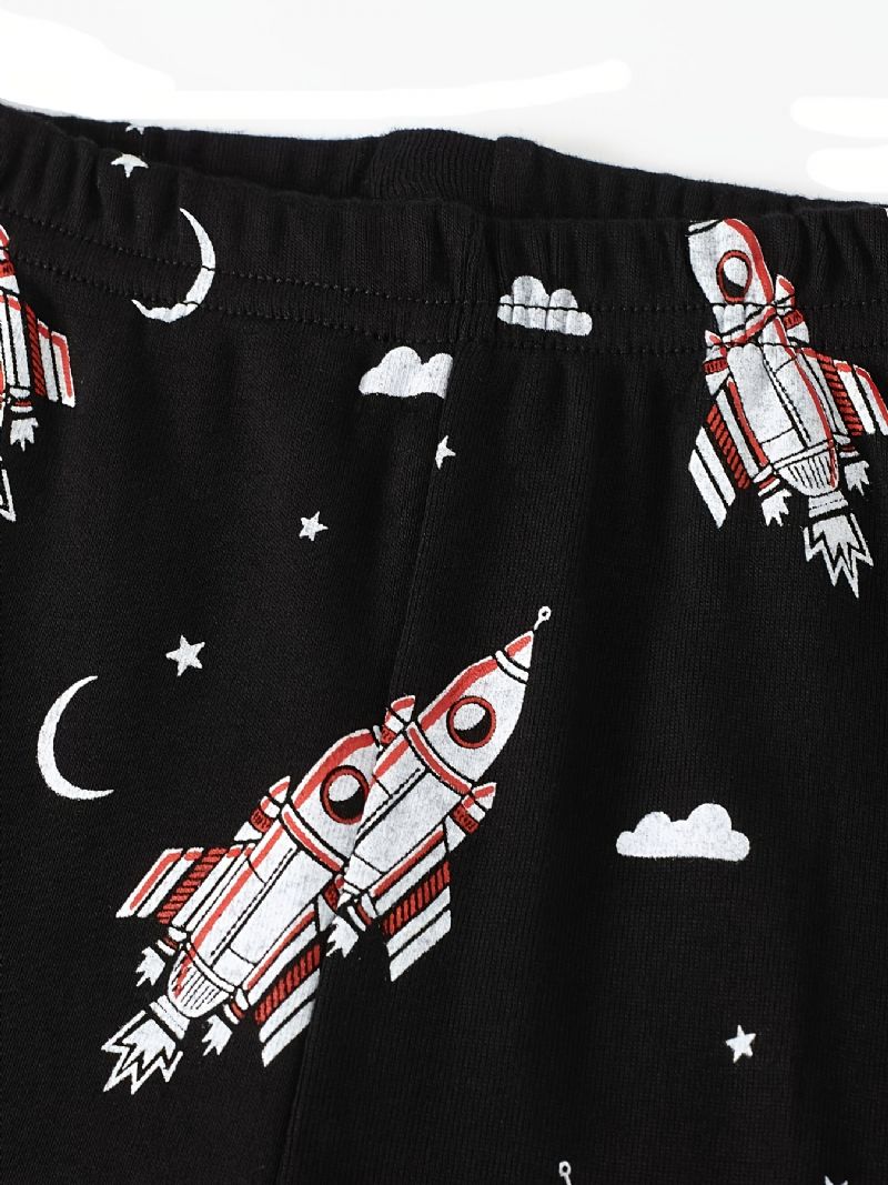 Gutter Pyjamas Rocket Print Glow-in-the-mørket Rundhals Langermet Topp Og Buksesett