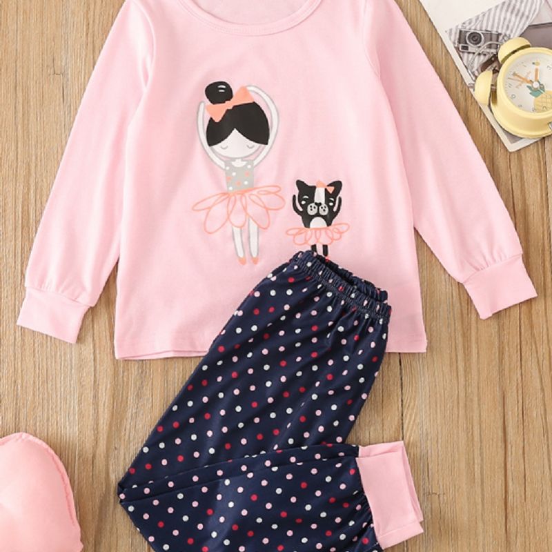 Jente Rosa Rundhals Langermet Ballerina Topp & Polka Dot Pants Pyjamassett 2stk