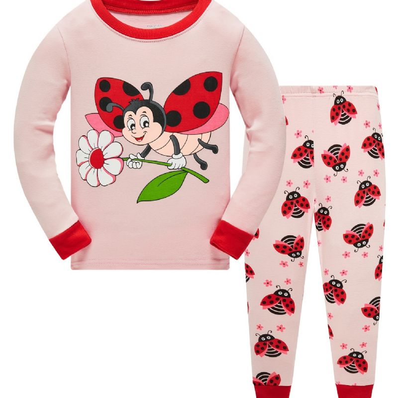 Jenter Casual Bee & Ladybug Print Pyjamassett Med Topper Og Bukser Barneklær Til Hjemmet