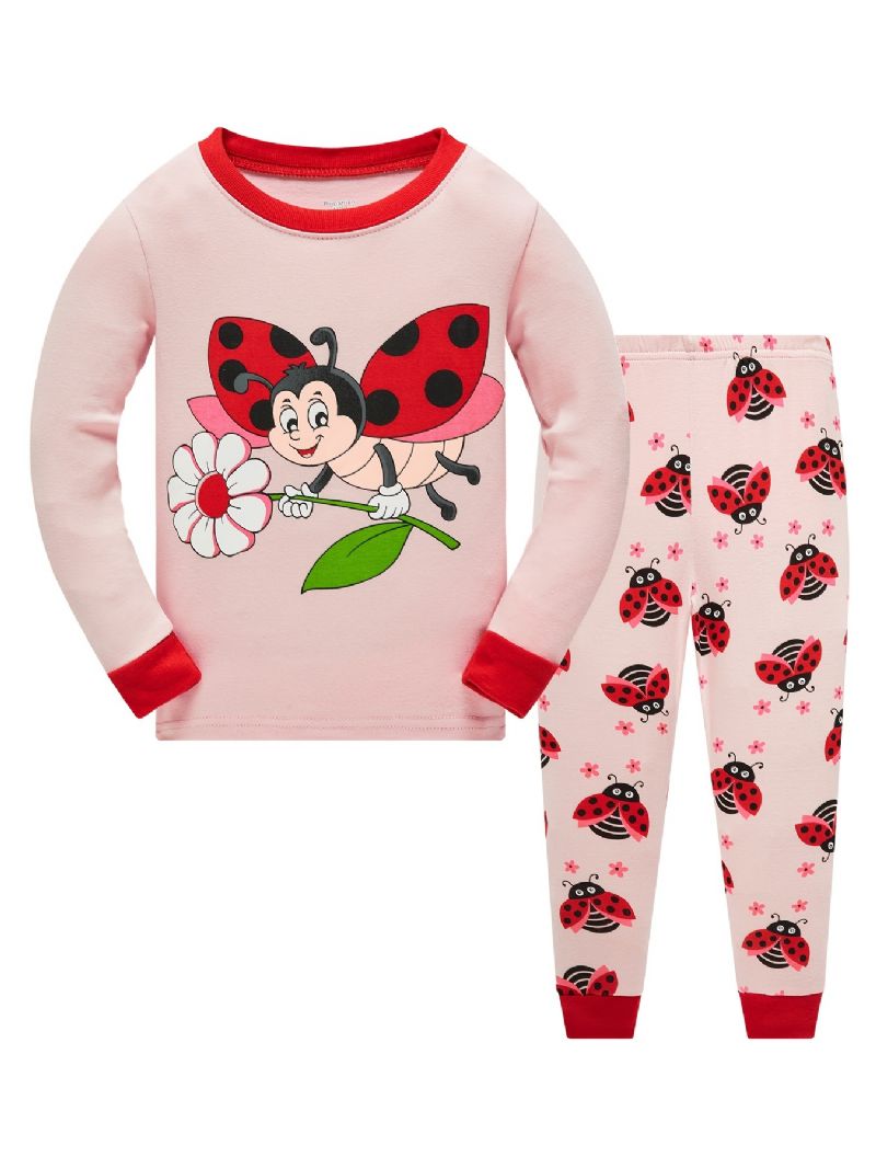 Jenter Casual Bee & Ladybug Print Pyjamassett Med Topper Og Bukser Barneklær Til Hjemmet