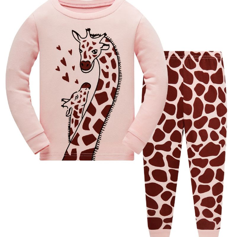 Jenter Casual Giraffe Print Pyjamassett Med Topper Og Bukser Barneklær Til Hjemmet