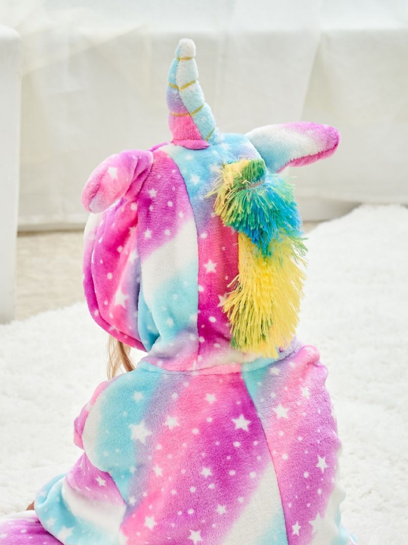 Jenter Casual Søt Tegneserie Unicorn Hettepyjamas Med Regnbuestjernetrykk For Vinteren