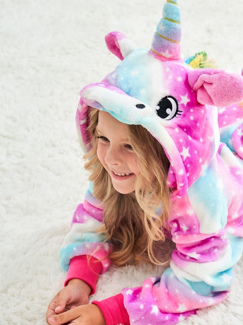 Jenter Casual Søt Tegneserie Unicorn Hettepyjamas Med Regnbuestjernetrykk For Vinteren