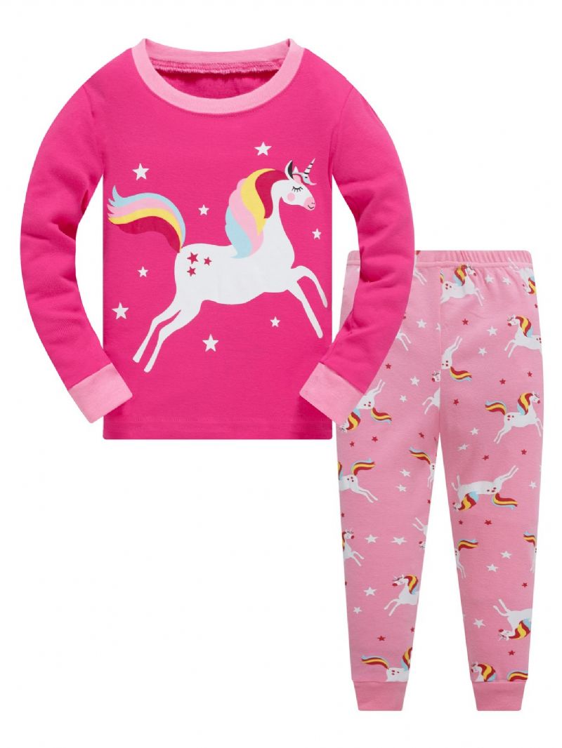 Jenter Color Unicorn Cartoon Animal Langermet Pysjamassett