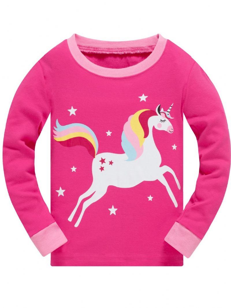 Jenter Color Unicorn Cartoon Animal Langermet Pysjamassett