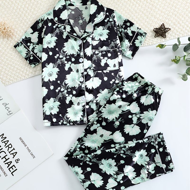 Jenter Green Flower Printed Short Sleeve Button Down Nattøy Pyjamas Set