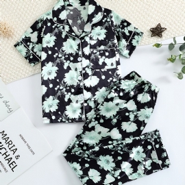 Jenter Green Flower Printed Short Sleeve Button Down Nattøy Pyjamas Set