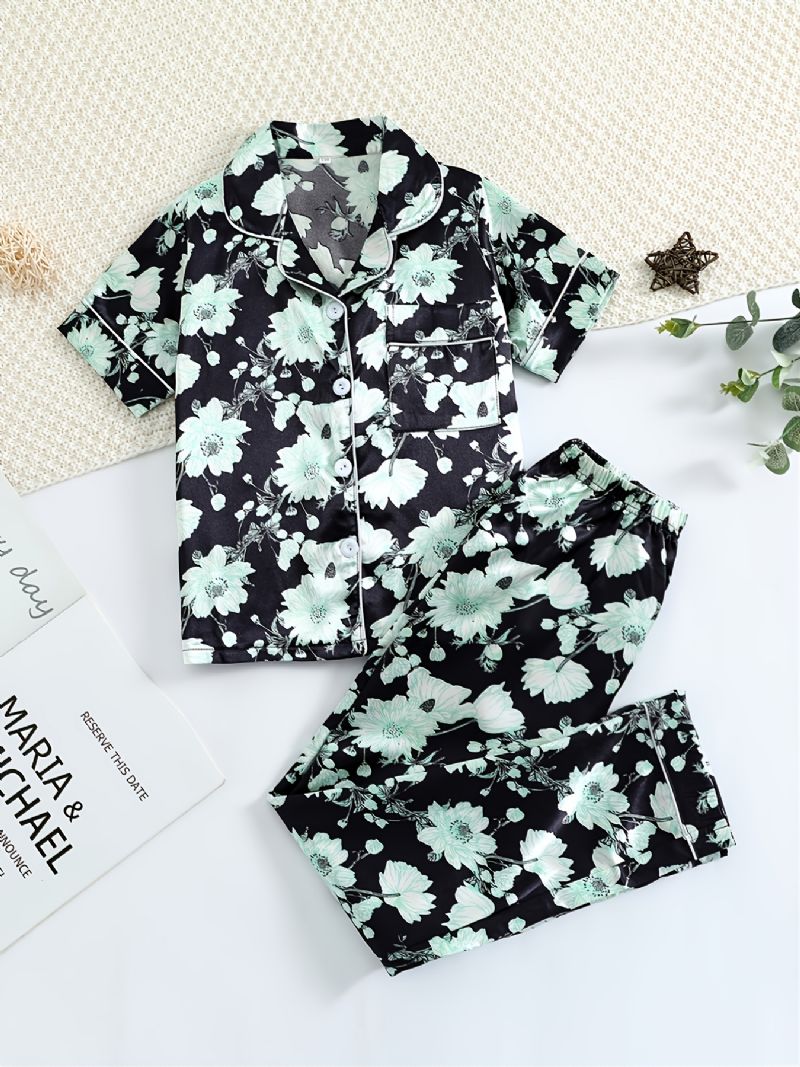 Jenter Green Flower Printed Short Sleeve Button Down Nattøy Pyjamas Set