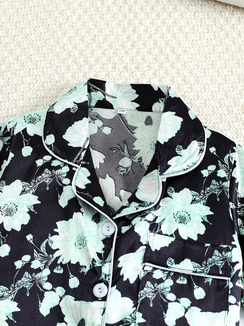 Jenter Green Flower Printed Short Sleeve Button Down Nattøy Pyjamas Set